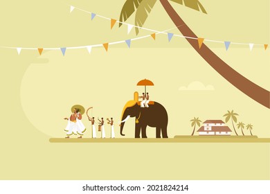 Conceptual illustration of King 'Mahabali' walking with people playing percussion instruments and and an elephant. Concept for Onam Festival in Kerala, India