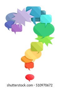 Ilustración conceptual de un gran interrogante decorado con burbujas de discursos coloridas
