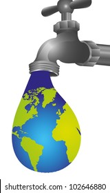 conceptual illustration of leaking tap in the shape of Earth, illustration vector