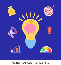 Conceptual illustration with a light bulb featuring a piggy bank, surrounded by money bag, target, growth chart, megaphone, and performance meter, symbolizing financial planning and success.