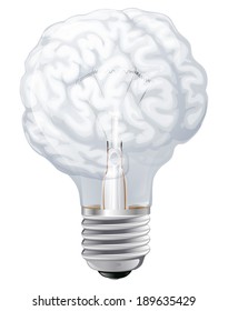Conceptual illustration of a light bulb shaped like a human brain. Concept for ideas inspiration or similar