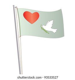 Conceptual illustration of a light green colored flag, waving  with heart and white dove peace symbol on it. You can use this image on a peace and love concept design.