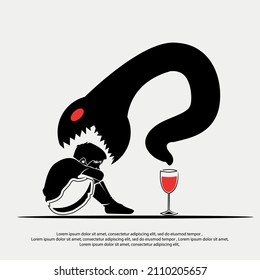 Conceptual illustration of little boy, snake and wine glass. Dangers of drinking alcohol for children.