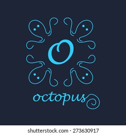 conceptual illustration logo of  octopus  the blue frame with text on dark background vector design elements