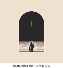 Conceptual illustration of the loneliness with a man stands on the night shore under a star in arch doorway form isolated on light background. Vector illustration