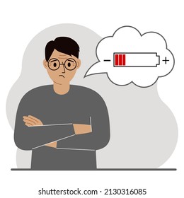 Conceptual illustration of low battery. Sad man thinks about charging. Vector flat illustration