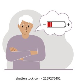 Conceptual illustration of low battery. Sad grandfather thinks about charging. Vector flat illustration
