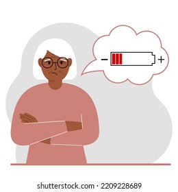 Conceptual Illustration Of Low Battery. Sad Grandmother Thinks About Charging. Vector Flat Illustration