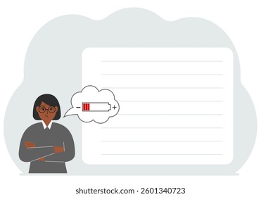 Conceptual illustration of low battery. Sad woman thinks about charging.