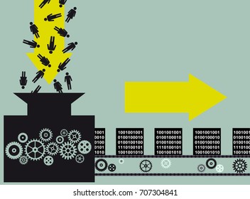 Conceptual illustration of a machine, converting  symbols of people into blocks of information, EPS 8 vector illustration 