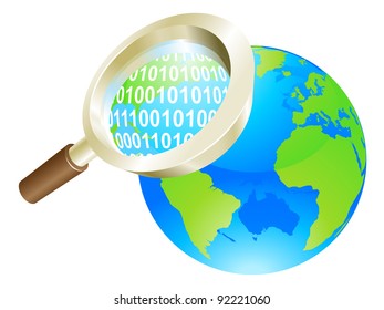 Conceptual illustration of magnifying glass binary data world globe