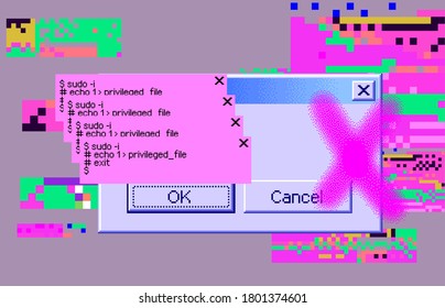 Conceptual illustration of a malware virus program, hacker attack. Infected computer screen with warning messages and buggy and glitchy pixels.