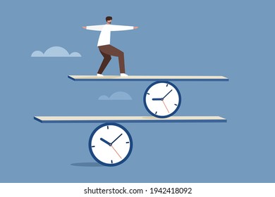 Conceptual illustration of a man balancing on clocks to represent working on multiple time zones