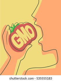 Conceptual Illustration of a Man Chomping Down on a Genetically Modified Apple