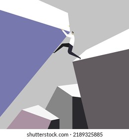 Conceptual illustration of a man climbing up huge building blocks
