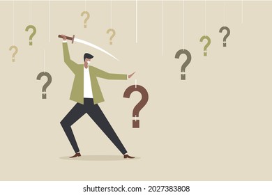 Conceptual illustration of a man cutting the problems hanging around  with a sword