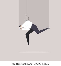 Conceptual illustration of a man engaged with a mobile phone is trapped in a fishing hook