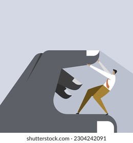 Conceptual illustration of a man escaping from a big hand holding him
