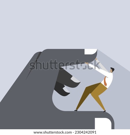 Conceptual illustration of a man escaping from a big hand holding him