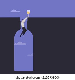 Conceptual illustration of a man  hanging on the edge of a bottle shaped hole. Concept for alcohol addiction