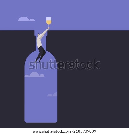 Conceptual illustration of a man  hanging on the edge of a bottle shaped hole. Concept for alcohol addiction