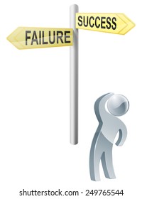 Conceptual illustration of a man looking up at a road sign post reading success and failure