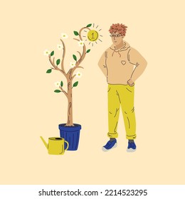 Conceptual illustration. A man makes a profit from his money. Vector graphics. The figure of a man in full growth.