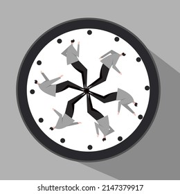 Ilustración conceptual de un hombre girando como una aguja de hora alrededor del reloj