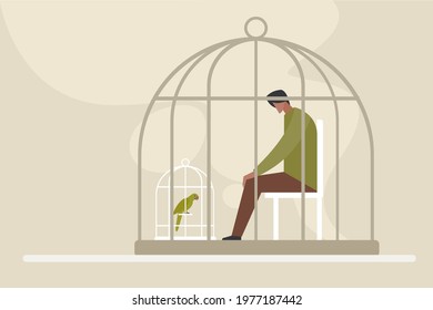 Conceptual illustration of a man sitting inside a cage looking at a caged bird