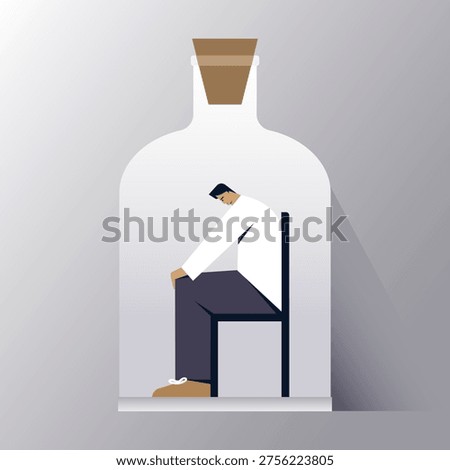 Conceptual illustration of a man sitting inside a glass bottle, symbolizing isolation, depression, emotional confinement, and mental health struggles in a minimalist modern style