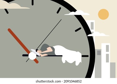 Conceptual illustration of a man sleeping over the minute handle of a clock