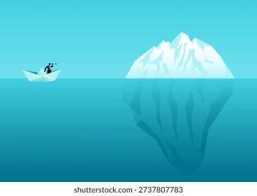 Conceptual illustration of a man in a small boat facing a massive iceberg, symbolizing hidden danger, unseen risks, and strategic decision making. Ideal for business, leadership, and risk management.
