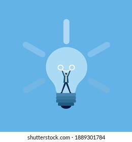 Ilustración conceptual de un hombre parado dentro de una bombilla para quemar el filamento como símbolo de generar ideas 