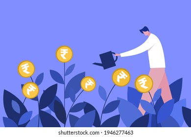 Conceptual Illustration Of A Man Watering The Plants Flowered With Rupee Coins