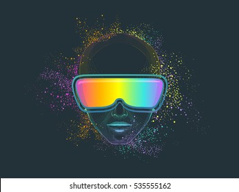 Conceptual Illustration of a Man Wearing Virtual Reality Goggles Surrounded by Colorful Dust