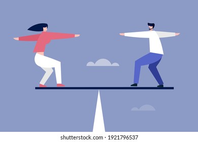 Conceptual illustration of a man and woman balancing on a wooden plank