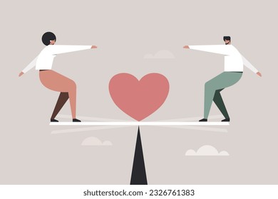 La ilustración conceptual de un hombre y una mujer se está equilibrando cuando el amor se coloca entre ellos