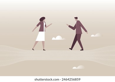 Conceptual illustration of a man and woman involved in bridging differences, walking the tightrope of communication