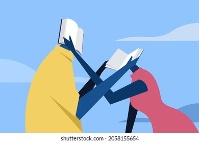 Conceptual illustration of a man and a woman reading the pages of the books represented by their heads