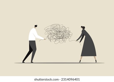 Conceptual illustration of a man and woman untangle their complex personal problems