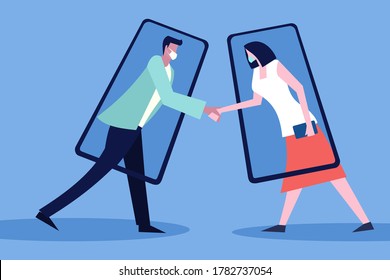 Ilustración conceptual de un hombre y una mujer que llevan máscaras enmarcadas por teléfonos móviles que dan la mano. Concepto de vida social en el momento de la pandemia viral