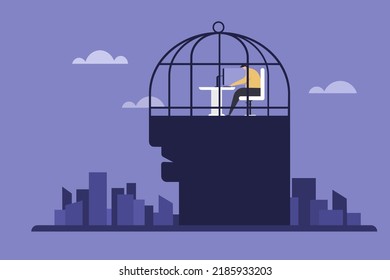 Konzeptuelle Illustration eines Mannes, der in einem Käfigaufbau in seinem Gehirn arbeitet.
