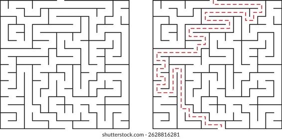 Conceptual illustration of maze puzzle with and without a completed path solution displayed