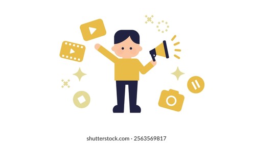 Conceptual illustration of media Icon and person with megaphone ( Vector background material eye-catching white background 1:1.191 )	