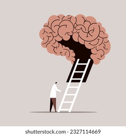 Conceptual illustration of a medical professional entering the human brain with the help of a ladder