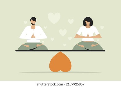 Conceptual illustration of a meditating man and woman sitting on a wooden plank balancing over a love symbol