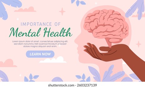 A conceptual illustration of mental health awareness, featuring a human head silhouette, a brain held by a hand, and calming decorative elements on a pastel background. Vector illustration