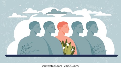 Conceptual illustration of mental health, balance, healing from childhood trauma, working with a psychologist. Colored head of a man in a row with gray silhouettes of sad people. Flat vector banner.