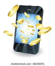 Conceptual Illustration. Money In Form Of Gold Coins Flying Out Of New Style Smart Mobile Phone.