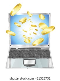 Conceptual illustration. Money in form of gold coins flying out of laptop computer.